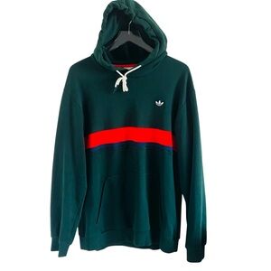 Adidas Men's Samstag Dark Green Hoodie with Red and Blue Stripes Sweatshirt